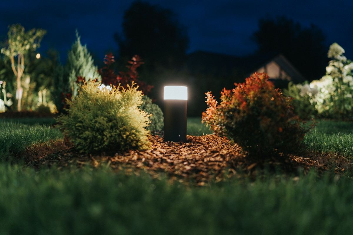 Outdoor landscape lighting illuminating garden bushes — the kind of exterior installation that lives in the weather year-round